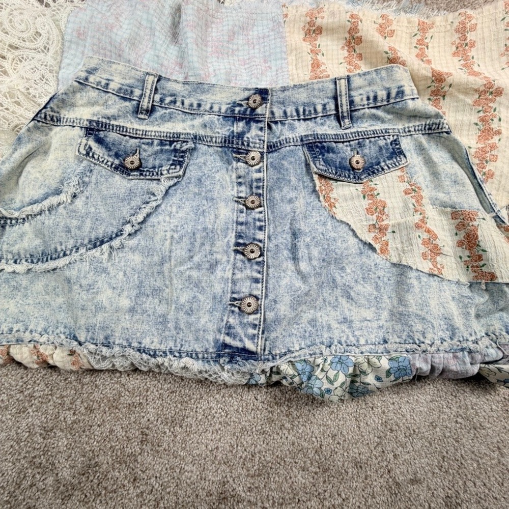 POL Clothing Patchwork Denim Maxi Skirt Acid Wash Floral Lace GWS20 Medium - Picture 3 of 7